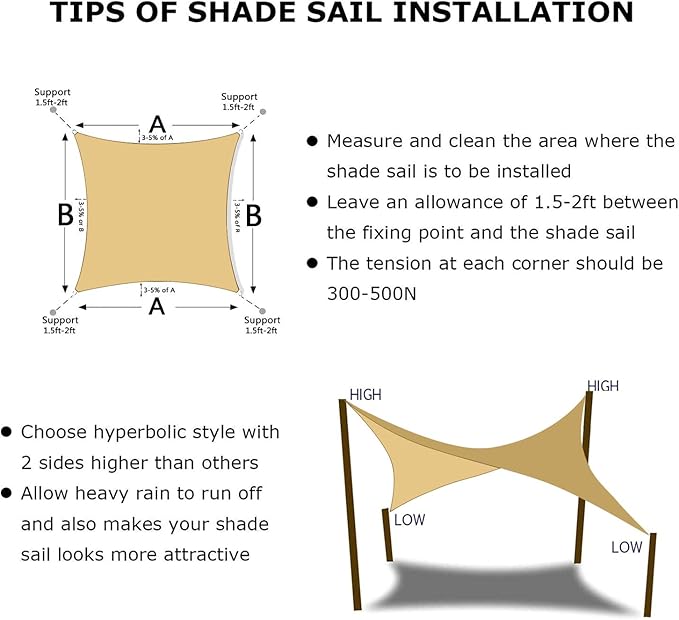 KANAGAWA Sun Shade Sail 16'x16' Sand Rectangle UV Block Canopy Awning Shelter Fabric Cloth Screen for Outdoor Patio Garden Backyard Activities