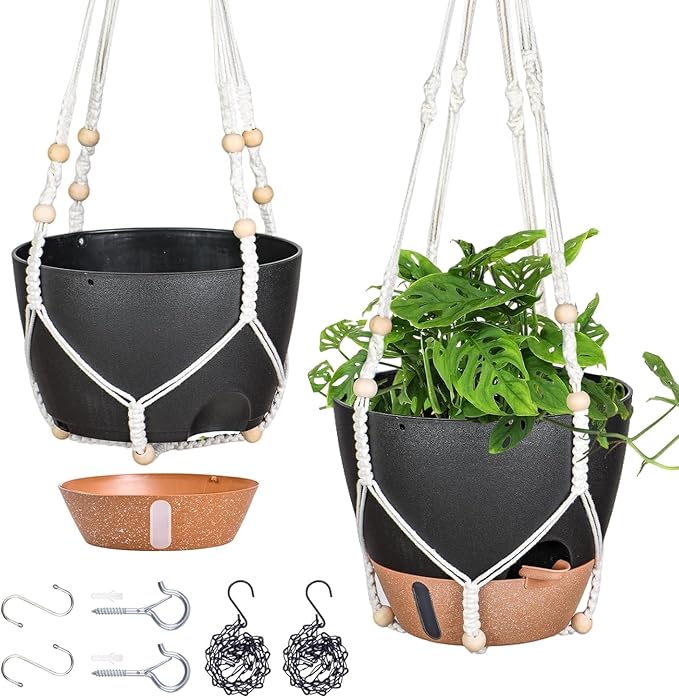 10 Inch Hanging Planters for Indoor Plants, 2 Pack Self Watering Hanging Baskets Flower Pots with Drainage Hole, Visual Reservoir & 2 Kinds of Plant Hanger for Outdoor Garden Home Decor（Black）