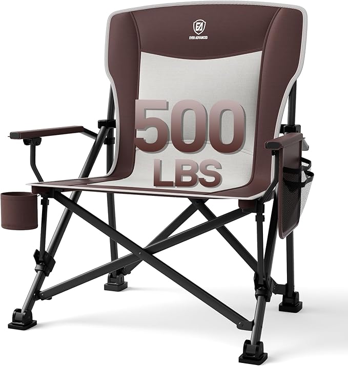 EVER ADVANCED Oversized Folding Camping Chair, for Adults Heavy Duty Lawn Chair with Side Pockets, Portable Collapsible Quad Chair for Outside, Support Up to 500lbs, Red