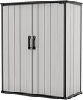 Keter Premier Tall 4.6 x 5.6 ft. Resin Outdoor Storage Shed with Shelving Brackets for Patio Furniture, Pool Accessories, and Bikes, Grey & Black
