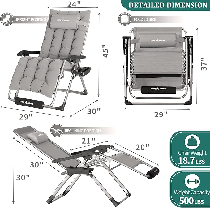 UDPATIO Oversized Zero Gravity Chair 29In XL Patio Reclining Chair with Cushion, Outdoor Folding Recliner with Pillows|Cup Holder|Foot Rest|Padded Headrest, Grey, Support 500LB