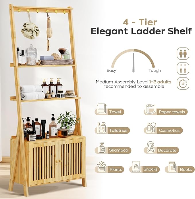 Bookcase with Drawers, 4-Tier Bamboo Bookshelf Ladder Shelf with 6 Hooks, Tall Narrow Book Shelf, 24.8"L x 10.6"W x 59.5"H, Standing Storage Organizer for Living Room, Home Office, Bedroom, Bathroom