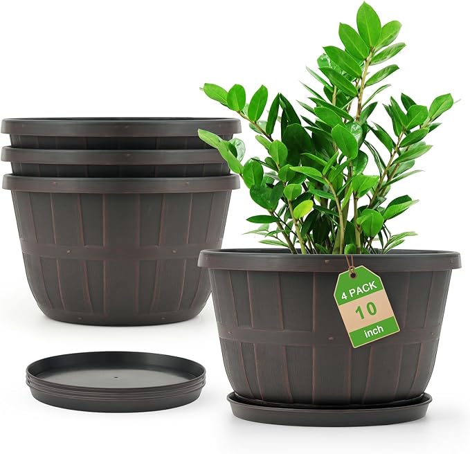 Quarut 10 inch Plastic Flower Pots for Outdoor Plants，4 Pack Large Outdoor Planter Pot with Drainage Holes & Saucers，Imitation Wine Barrel Design，for Indoor Outdoor Garden Plants（Brown）