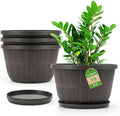 Quarut 10 inch Plastic Flower Pots for Outdoor Plants，4 Pack Large Outdoor Planter Pot with Drainage Holes & Saucers，Imitation Wine Barrel Design，for Indoor Outdoor Garden Plants（Brown）