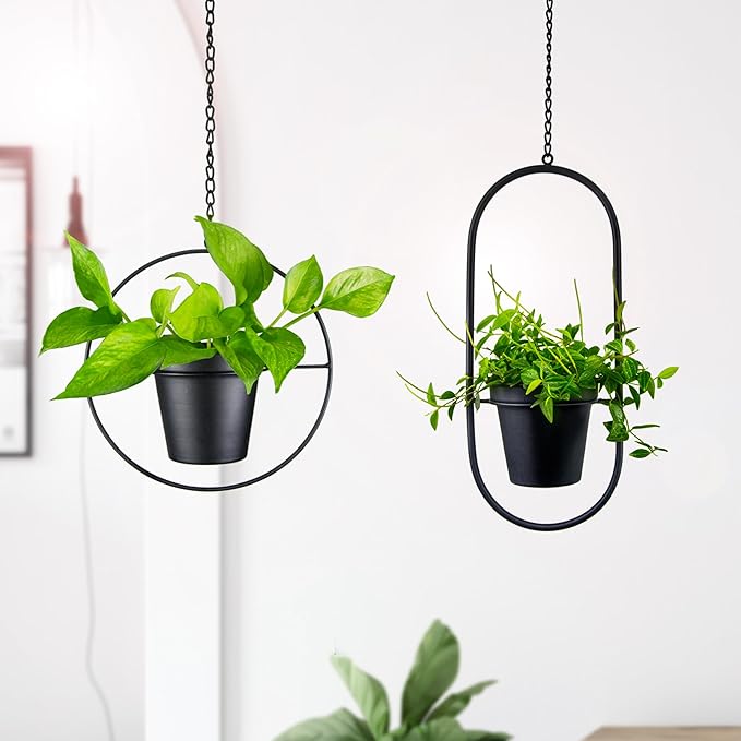 Metal Hanging Planters, Modern Plant Hanger with 5 inch Flower Pot, Set of 2 Black Plant Holder in Oval and Round Shape, Small Wall and Ceiling Planter for Indoor Plants, Home Décor