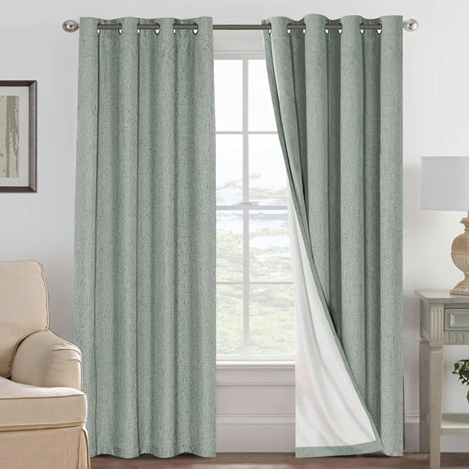 H.VERSAILTEX Linen Blackout Curtains 108 Inches Long 100% Blackout Thermal Insulated Textured Linen Look Curtain Draperies Anti-Rust Grommet, Energy Saving with White Liner, 2 Panels, Green Bay
