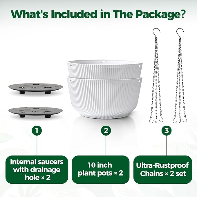 T4U 10 Inch Hanging Planters for Indoor Plants, 2 Pack White Self Watering Hanging Plant Pot, Hanging Pots Set with Drainage Hole & Plug & Chain with 3 Hooks for Garden Home Decor