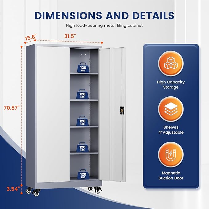 Yizosh Metal Garage Storage Cabinet with Locking Doors and Adjustable Shelves,- 75" Rolling Steel Tool Cabinet for Home Office,Garage,Warehouse