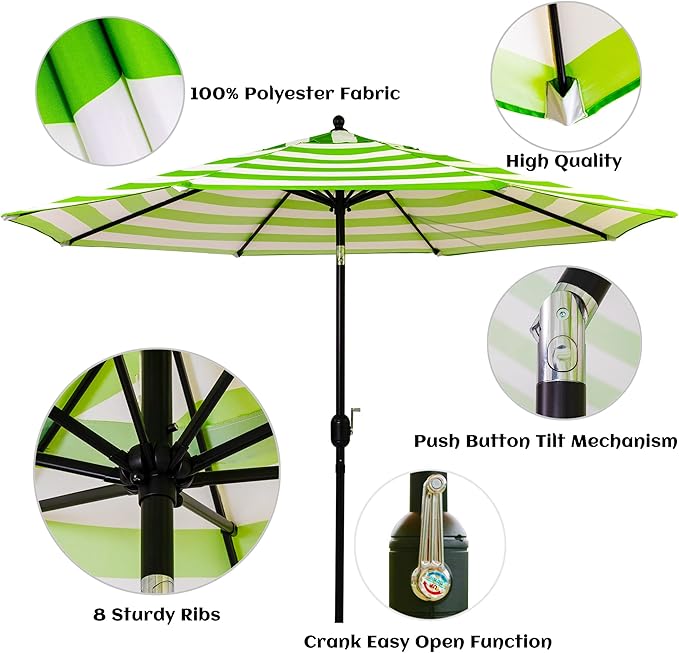 Sunnyglade 9' Patio Umbrella Outdoor Table Umbrella with 8 Sturdy Ribs (Grass Green and White)