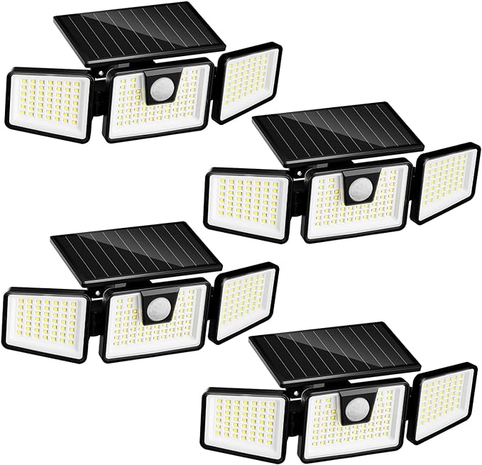 INCX Solar Motion Sensor Lights Outdoor, 3 Heads Security Lights Solar Powered, 156 LED Flood Light Motion Detected Spotlight for Patio Yard Garage Entryways, IP65 Waterproof 4 Pack