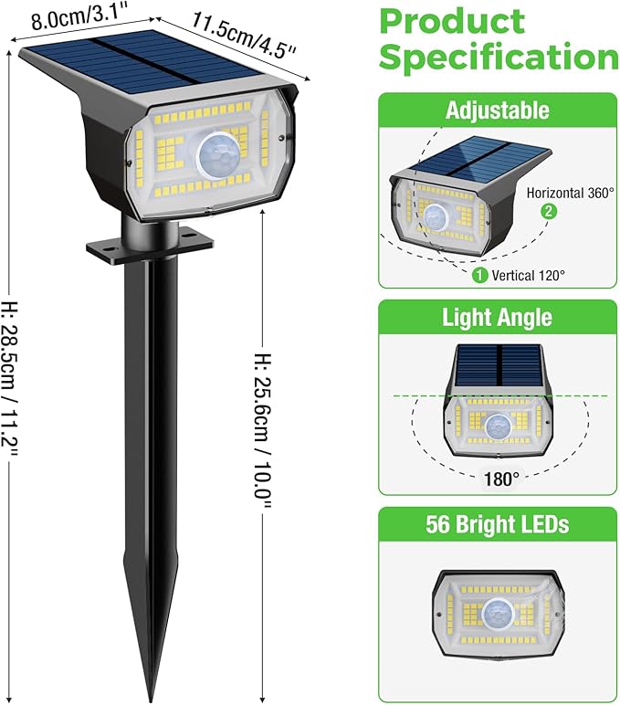 nipify Solar Lights Outdoor Waterproof, Motion Sensor Spot Lights- 4 Pack/56 LED/3 Modes Solar Powered Spotlights 2-in-1 Auto On/Off Landscape Lighting for Outside Yard Wall Garden, Cool White