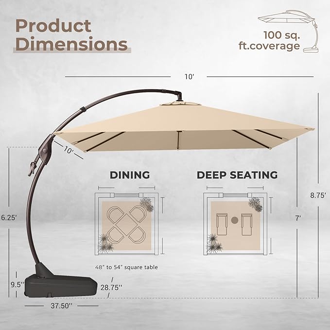 Grand patio 10x10 FT Patio Cantilever Umbrella with Base Outdoor Large Square Tilting Offset Umbrellas for Deck Yard (Champagne, 10x10 FT)