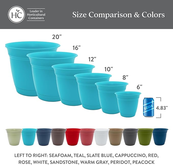 The HC Companies 16 Inch Eclipse Round Planter Pots with Drainage Holes & Attached Saucer, Lightweight UV-Resistant Plastic Indoor & Outdoor Planters, 2-Pack Flower Pots for Garden & Home Decor, White