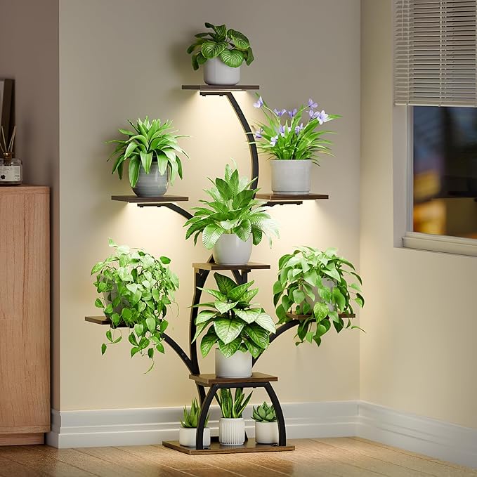 CODACE Plant Stand Indoor with Grow Lights, 6 Tiered Plant Shelf Indoor, 50" Corner Plant Stands for Indoor Plants, Lighted Tree-Shaped Plant Holder, Tall Flower Display Rack for Living Room