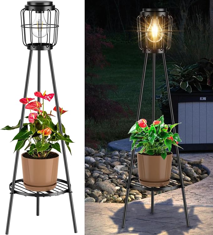 Solar Lights with Plant Stand, Outdoor Floor Lamp, Waterproof Solar LED Edison Bulb Light Flower Shelf for Patio Porch Deck Yard Garden Decor-1 Pack