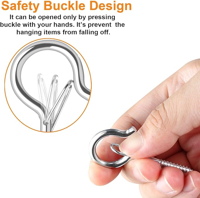 48 PCS Q-Hanger Hooks, Screw Hooks for Outdoor String Lights, Safety Buckle Design Cup Eye Hook for Hanging Christmas Lights, Plants, Mounted on Wall Ceiling, Include 1 Wing Nut Driver, Silver