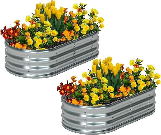 zizin 2 Pack Galvanized Raised Garden Bed Metal Oval Raised Garden Beds Outdoor Planter Box for Vegetables (4x2x1FT, Silver)