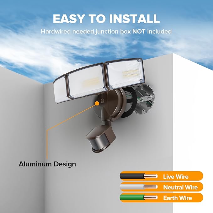 LUTEC 72W 7500LM LED Security Lights Motion Sensor Light Outdoor, 5000K Daylight, IP65 Waterproof, Dusk to Dawn, 3-Head Motion Detected Flood Light for Garage, Yard, Porch(Brown)