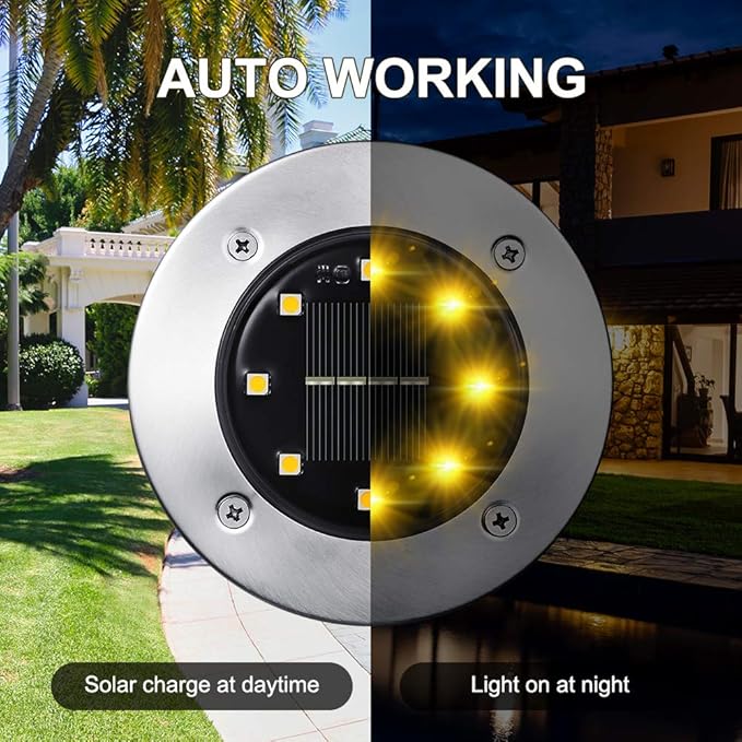 LYHOPE Solar Ground Light Outdoor, 16 Pack 8 LED Solar Disk Lights Waterproof Garden In-ground Pathway Lights Landscape Lighting for Lawn,Yard,Deck,Patio,Walkway (Warm White)