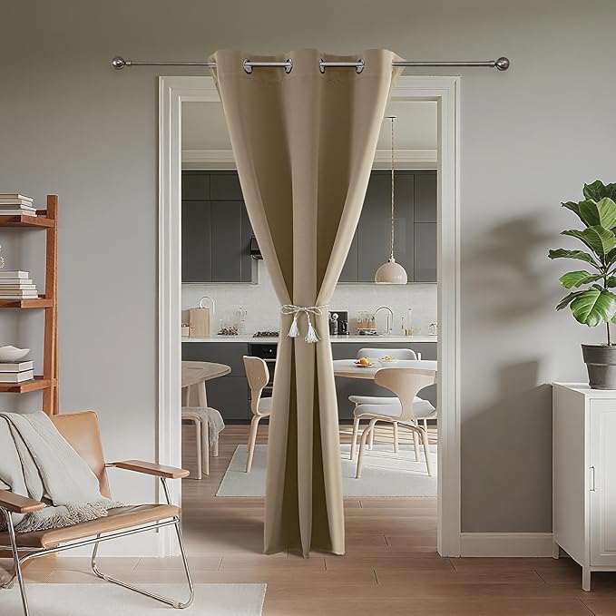 Joydeco Blackout Door Curtain for Doorway Privacy 90 Inches Long, Grommet Closet Curtain for Open Closet, Room Divider for Bedroom Living Room (Light Beige, 52Wx90L, 1 Panel)