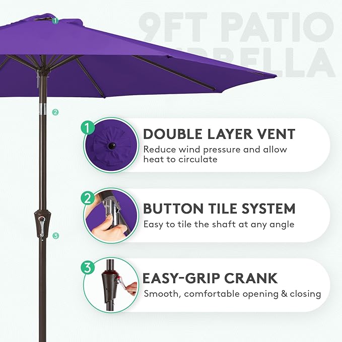 JEAREY 9FT Outdoor Patio Umbrella Outdoor Table Umbrella with Push Button Tilt and Crank, Market Umbrella 8 Sturdy Ribs UV Protection Waterproof for Garden, Deck, Backyard, Pool (Dark Purple)