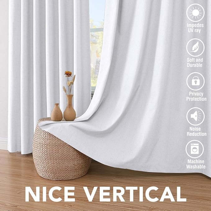 H.VERSAILTEX Linen Blackout Curtains 72 Inches Long 100% Blackout Thermal Insulated Textured Linen Look Curtain Draperies Anti-Rust Grommet, Energy Saving with White Liner, 2 Panels, Bright White
