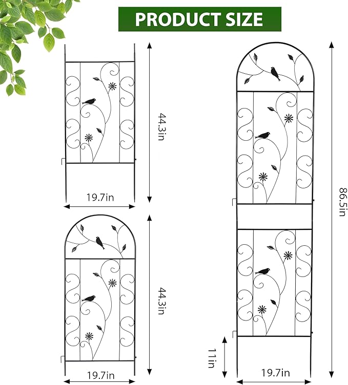Metal Garden Trellis for Climbing Plants, 2 Pack 86.5" x 19.7" Black Plant Trellis Outdoor, Clematis Rrellis Outdoor, Arched Decoration Suitable for lawns, Gard