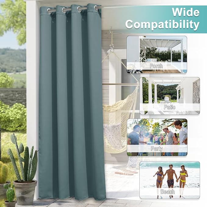 NICETOWN 2 Panels Greyish Blue Outdoor Curtains for Patio Waterproof, Thermal Insulated Rustproof Grommet Blackout Indoor Outdoor Gazebo Curtains Window Treatments for Porch, W52 x L72