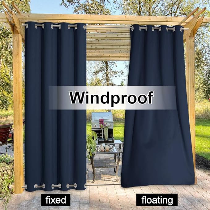 NICETOWN Outdoor Curtain for Patio Waterproof, Rustproof Top and Bottom Grommet Windproof Drape Thermal Insulated Blackout Indoor Outdoor Blinds for Porch/Gazebo, W52 x L84, Navy Blue, 1 Panel