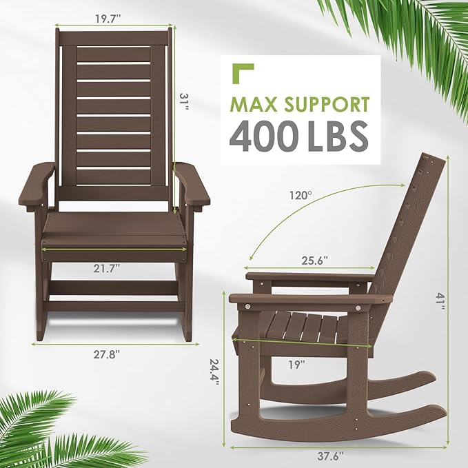 GREENVINES Outdoor Rocking Chairs | Set of 2 | Porch Rocker | HDPE Plastic | Wood Grain | Oversized Rockers | High Back | Big & Tall | Ladder Back | Dark Brown | for Patio Outside