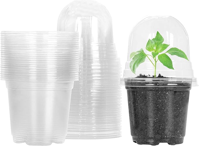 MIXC Clear Plant Nursery Pots with Humidity Dome 4" Soft Transparent Plastic Gardening Pot Planting Containers Cups Planter Small Starter Seed Starting Trays for Seedling with 10pcs Plant Labels