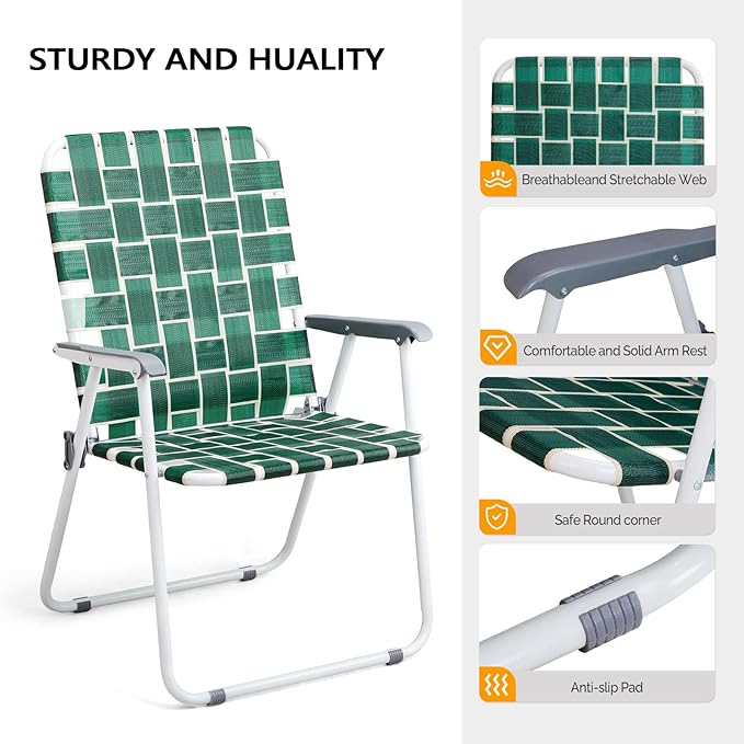 VINGLI Patio Lawn Webbed Folding Chairs Outdoor Beach Portable Camping Chair for Yard, Garden (2, Dark Green, Oversized)