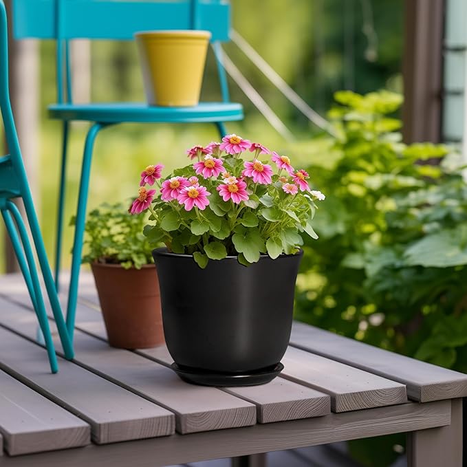 Ceramic Planter - 5.6 Inch Plant Pot for Indoor Outdoor, Round Succulent Pots with Drainage Hole and Saucer, Orchid Flower Pot, Modern Planter, Home Office Decor, House Warming Gifts, Black
