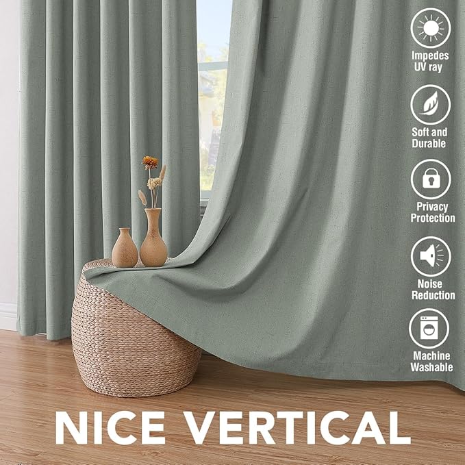 H.VERSAILTEX 100% Blackout Curtains for Bedroom Thermal Insulated Linen Textured Curtains Heat and Full Light Blocking Drapes Living Room Curtains 2 Panel Sets, 52x96 - Inch, Green Bay
