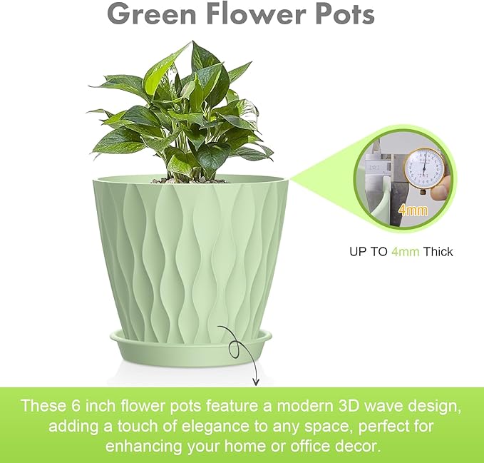 6 inch Plant Pots, 5 Set Water Ripples Flower Pots for Indoor Outdoor Plants, Plastic Planters with Drainage Holes and Saucers, Nursery Pots for Small Succulent Garden House Plants, Green