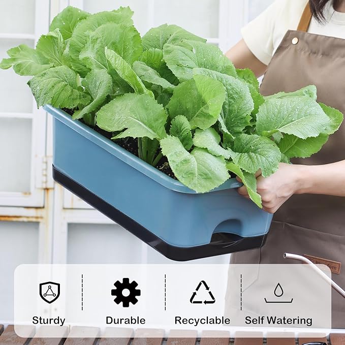 Window Box Planter 6 Pcs, 17 Inches Rectangle Flower Pots with Drainage Holes and Trays, Vegetable Planters for Windowsill Patio Garden Balcony Home Indoor Outdoor (Blue, 18 * 10 * 6 inch)