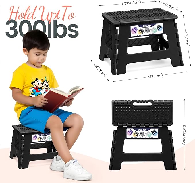 Delxo Folding Step Stool 9 Inch Non-Slip Foldable Stools for Kids & Adults Up to 300 LBS Kitchen Collapsible Fold Up Stepping Stool with Dotted 1 Pack Black
