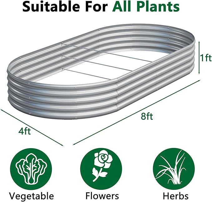 zizin 2 Pack Galvanized Raised Garden Bed Metal Oval Raised Garden Beds Outdoor Planter Box for Vegetables (8x4x1FT, Silver)
