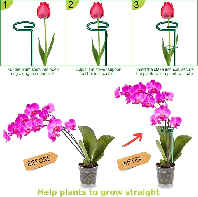 10 Pack Height Adjustable Plant Support Stakes (17" or 32" Inches), Metal Plant Stakes for Indoor Outdoor Plants, Tall Plant Stick Support Ring Cages for Garden Flower Amaryllis Orchid Gladiolus