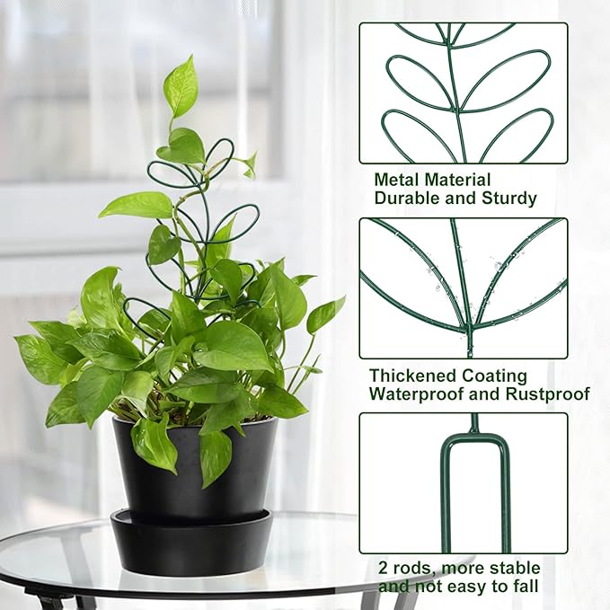 AUGSUN 2 Packs Plant Trellis Garden Trellis Plant Stakes Trellis for Climbing Plants Indoor Plants Metal Leaf Shape Plant Support for Houseplants with 50 Ties Plant Lover Gift (Green)