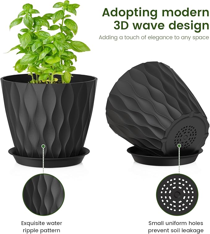 7/6.5/6/5.5/5/4.5/4 inch Plant Pots for Indoor Outdoor Plants, 7 Pack Thick Flower Pots with Drainage Holes and Saucers, Modern Wave Texture Plastic Planter Pots for Nursery, Succulent, Black