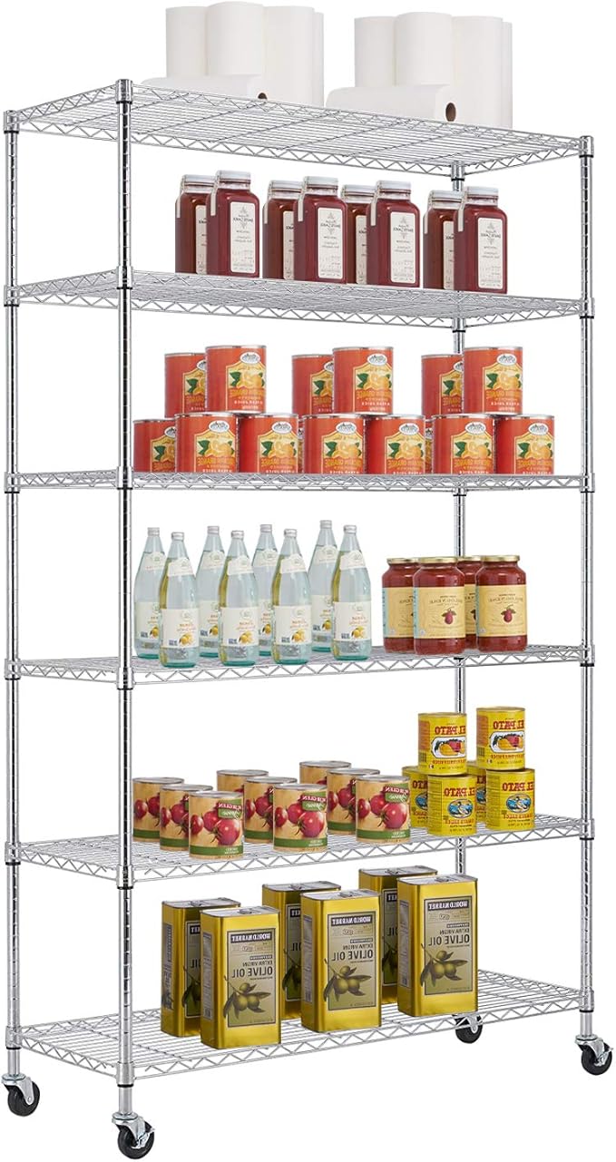 BestOffice | 6-Tier Wire Storage Shelves with Wheels | 18x48x82 | Chrome | Adjustable Racks | Heavy-Duty Metal Shelf, Holds Upto 510 lbs | No-Tool Assembly | Ideal for Home & Garage Shelving