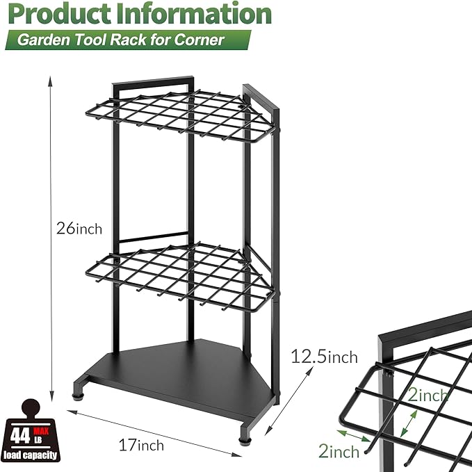 Garden Tool Organizer for Corner - Heavy Duty Metal Rack with 34 Storage Compartments & 14 Hooks for Shovels, Rakes, Long-Handled Tools, Ideal for Garden, Shed, Garage Storage