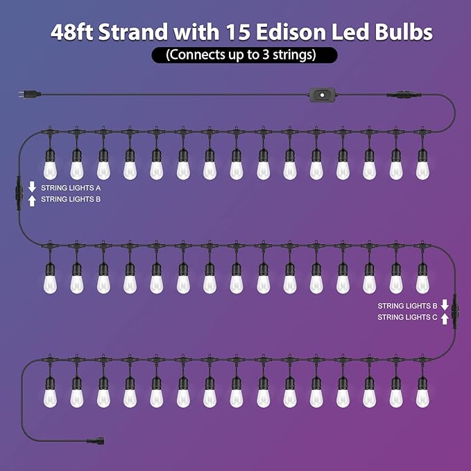 Mlambert 48FT Outdoor Patio Lights Waterproof Dimmable with Remote, RGB Cafe LED String Light with 15 Shatterproof Bulbs for Bistro Party-Black 1 Pack