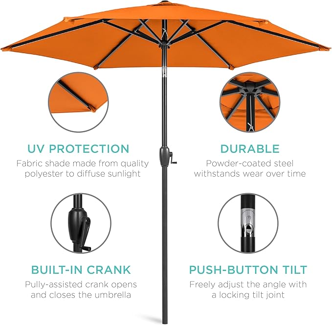 Best Choice Products 7.5ft Heavy-Duty Round Outdoor Market Table Patio Umbrella w/Steel Pole, Push Button Tilt, Easy Crank Lift - Orange