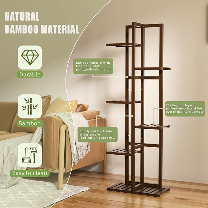 6 Tier Bamboo Plant Stand Indoor, Wood Tall Flower Holder Corner Tiered Plant Shelf for Multiple Plants (Brown)