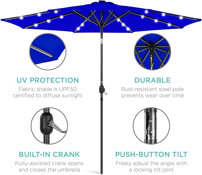 Best Choice Products 10ft Solar Polyester LED Lighted Patio Umbrella w/Tilt Adjustment and UV-Resistant Fabric