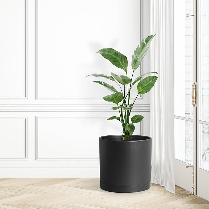 12 inch Large Deep Plant Pots for Outdoor Indoor Plants, Tall Cylinder Flower Pots with Drainage Holes and Saucer, Big Decorative Plastic Planter Pots for Garden Porch House Plants, Black