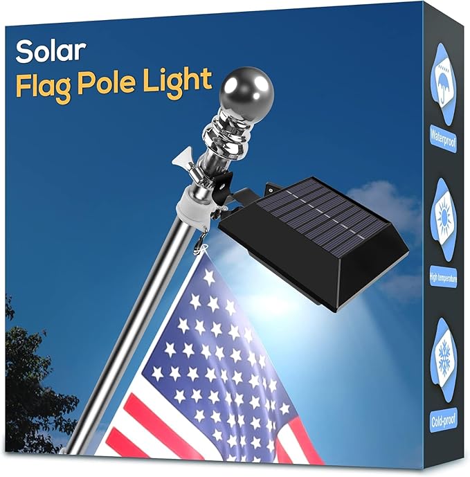Solar Flag Pole Light, Bright White 6000k Flagpole Light Upgrade Solar Powered for 5ft 6ft Flag Pole, Outdoor Dusk to Dawn Led Solar Lights, Outside House Garden Yard American Flags Decor,Black