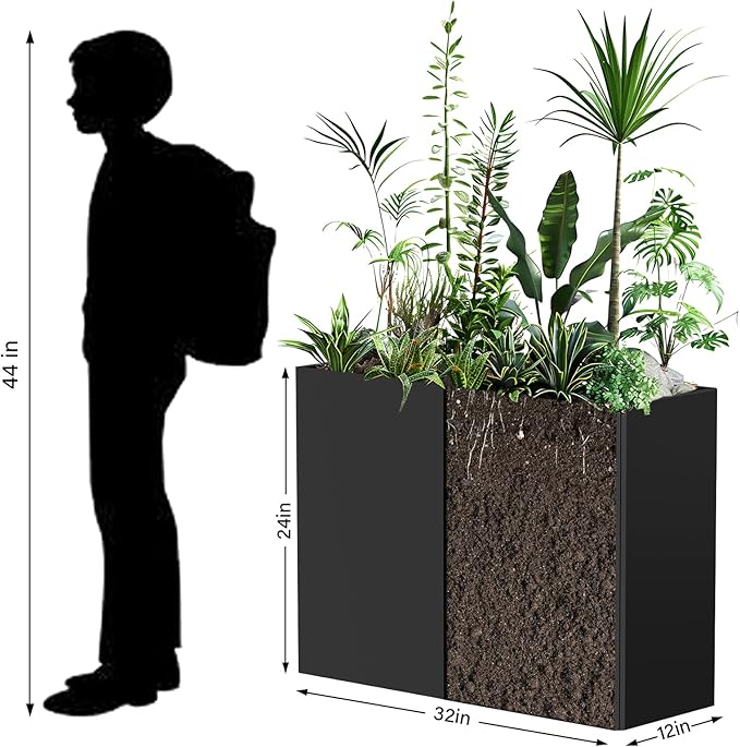 Heavy-Duty Galvanized Steel Planter with Removable Insert Shelf & 4 Drainage Holes - 32x12x24 Inches Large Size Planters for Outdoor/Indoor Patio, Black